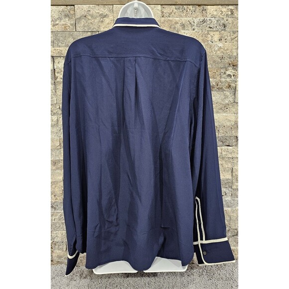 RARE 100% silk J.Crew Classic Fit Button Up Shirt Womens 18 Navy Blue White Trim - Picture 6 of 15